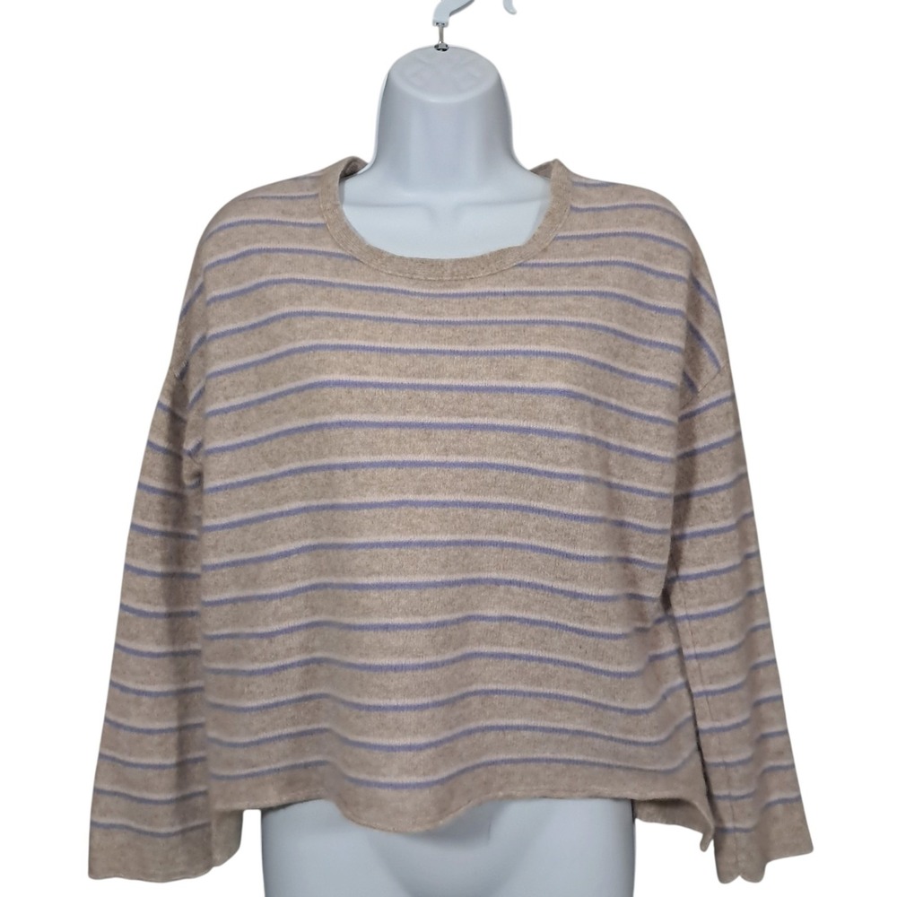 Maeve Anthropologie Cashmere Sweater Medium Tan Blue Striped Oversized Boxy